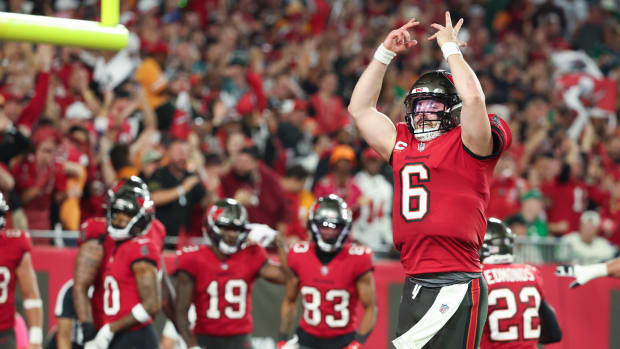 Tampa Bay Buccaneers quarterback Baker Mayfield (6) celebrates a touchdown against the Philadelphia Eagles during the first half of a 2024 NFC wild card game at Raymond James Stadium. Mandatory Credit: Kim Klement Neitzel-USA TODAY Sports